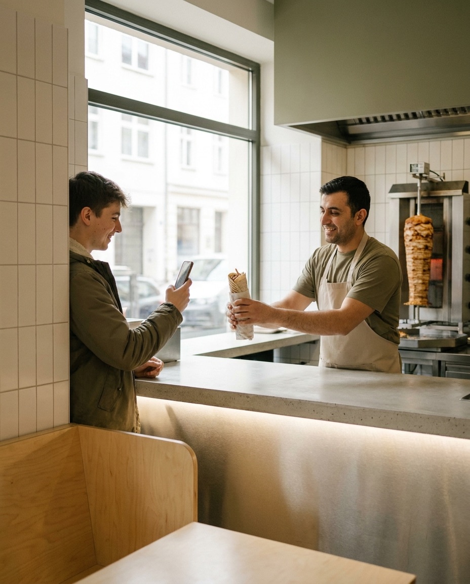 Mitarbeiter übergibt einem Gast mit Smartphone einen Dürüm im modernen Kebap-Lokal