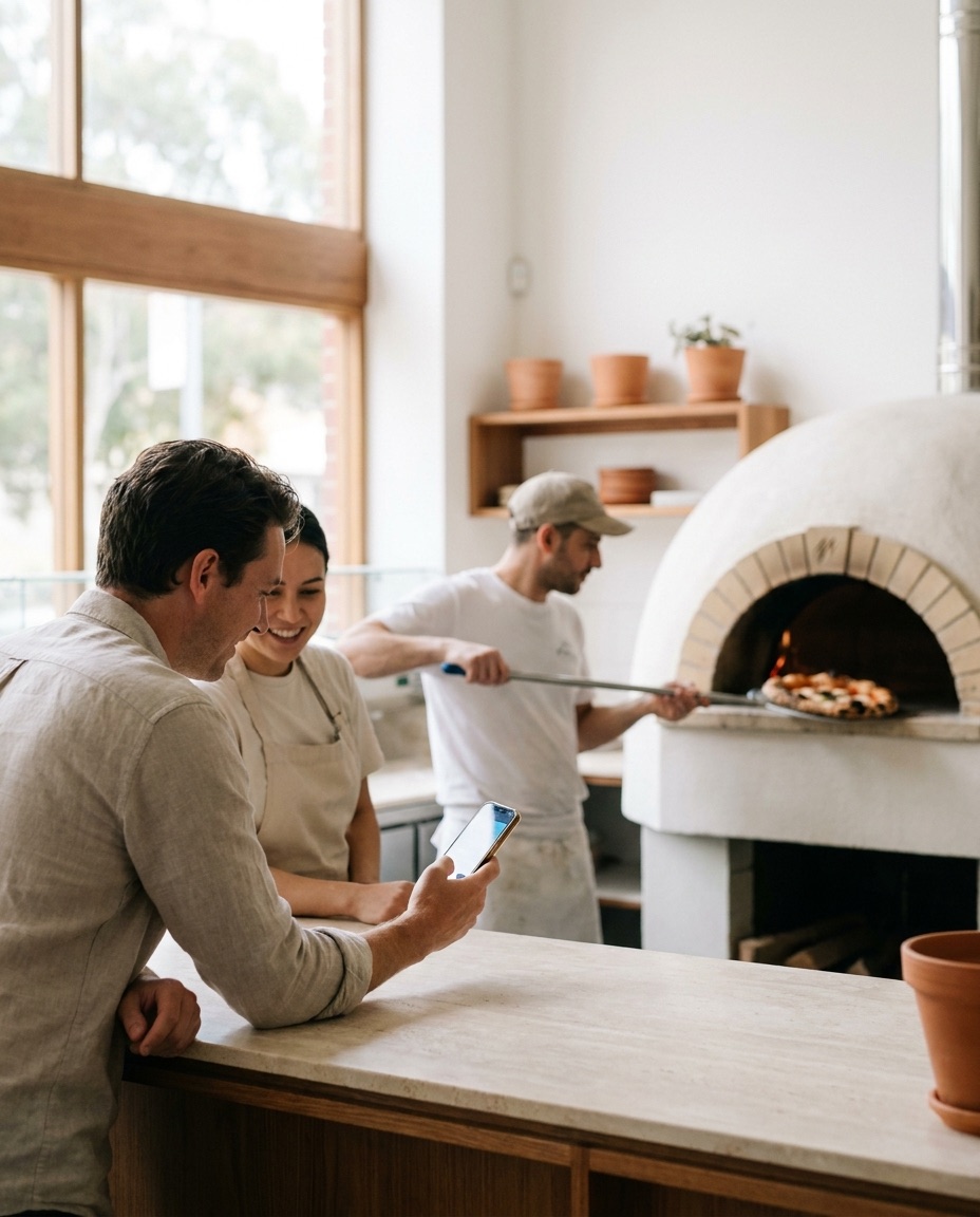 Gast zeigt an der Theke einer modernen Pizzeria seine digitale Treuekarte